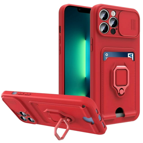 ELEHOLD for iPhone 14 Pro Max Multi-Functional Soft Slim Case with Card Slot Sliding Cover Camera Protection 360 Rotating Ring Holder Kickstand Shockproof Protective Case,Red