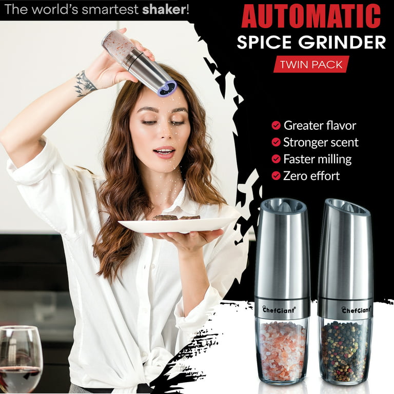ChefGiant Automatic Spice Grinder Set, Refillable Electric Salt and Pepper  Mills with Gravity-Activated Operation, LED Light & Adjustable Coarseness, Bonus Batteries, Spoon & Brush