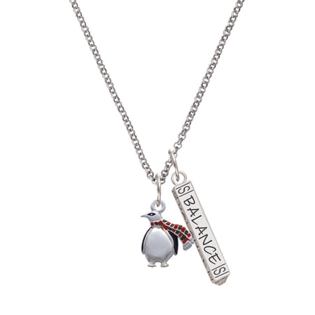 Delight Jewelry Silvertone Penguin with Scarf Silvertone Balance Bar Charm Necklace, 23"