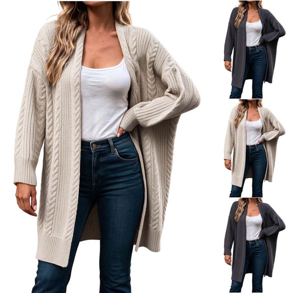 Hrsba Cable Knit Sweaters for Women Solid Color V Neck Oversized Long Knit Pullover Sweater