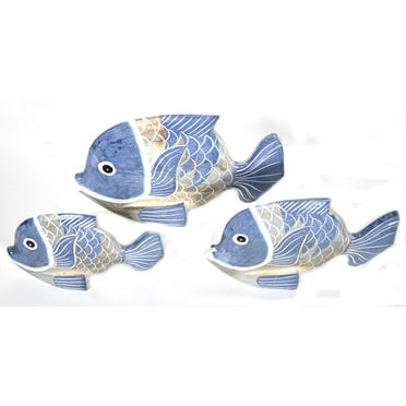 Beautiful Unique Set of 3 Scales Blue Wooden Fish Hand Carved Statue Sculpture Art