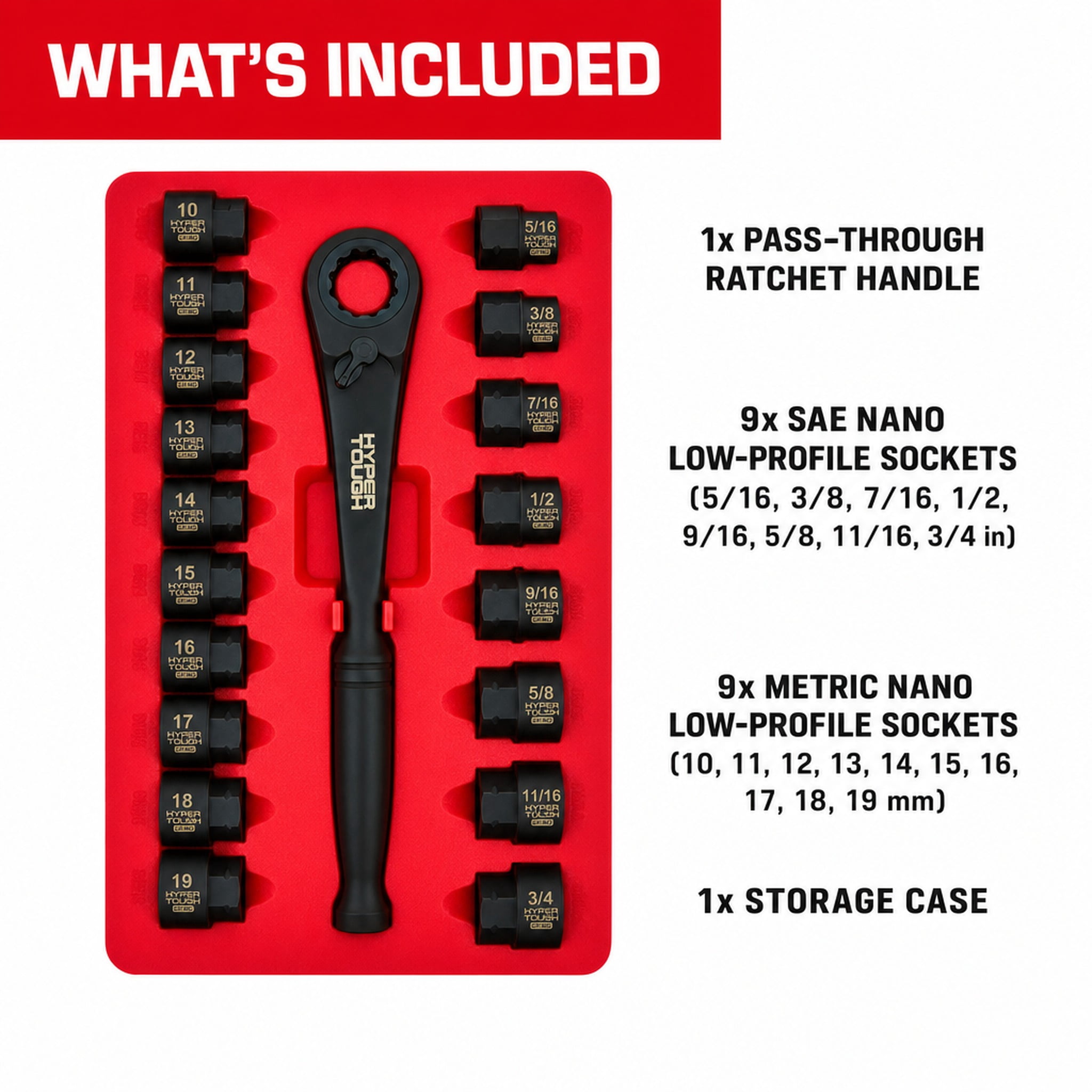 Hyper Tough 19-Piece 3/8-Inch Drive Nano Low-Profile Socket Set, SAE & Metric