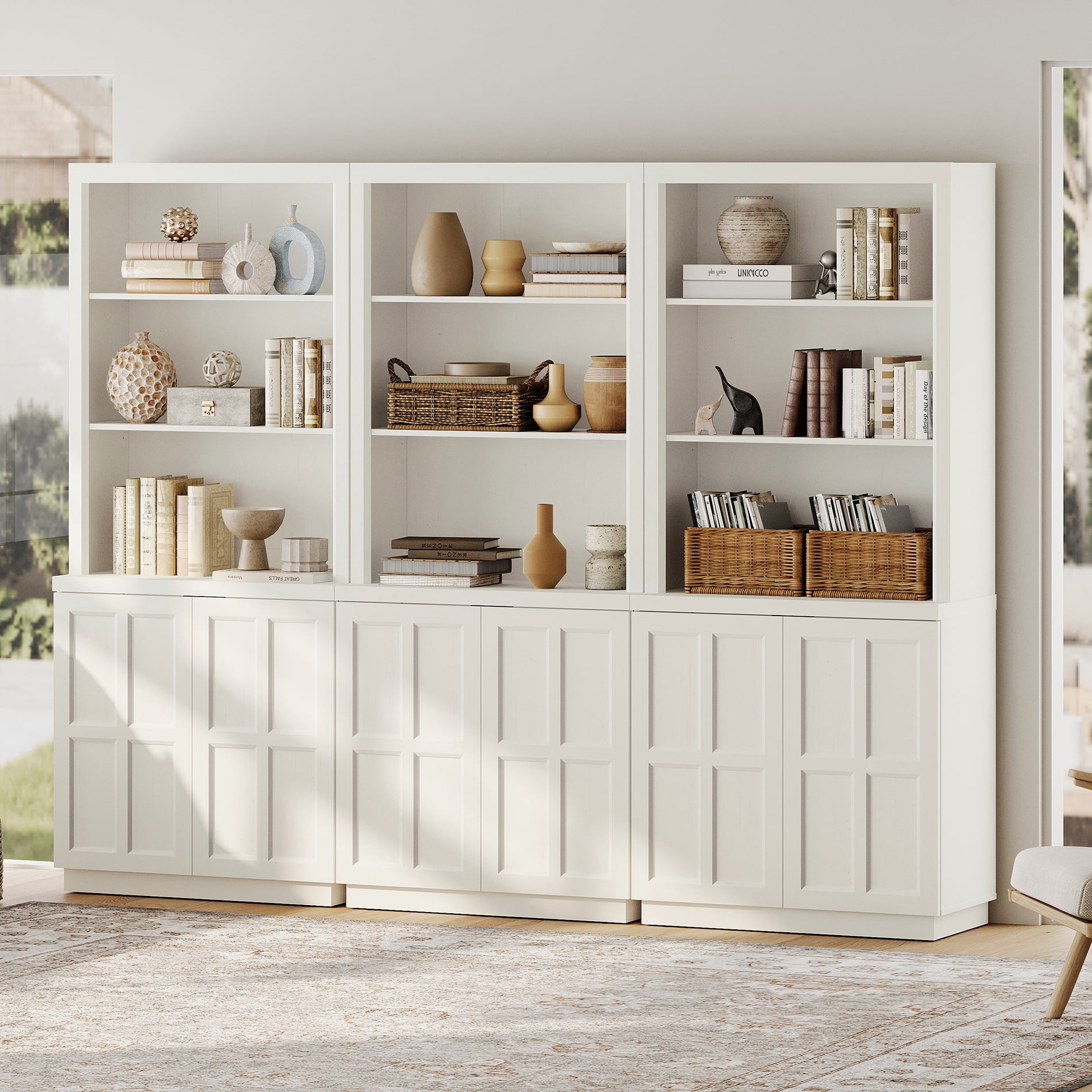 HOMOOI 3-in-1 Freestanding Pantry Cabinet, Boho Rustic Hutch with Open Display Shelves & Adjustable Inner Shelves, Anti-Wobble Wooden Storage Organizer for Kitchen, Dining Room, Entryway,White