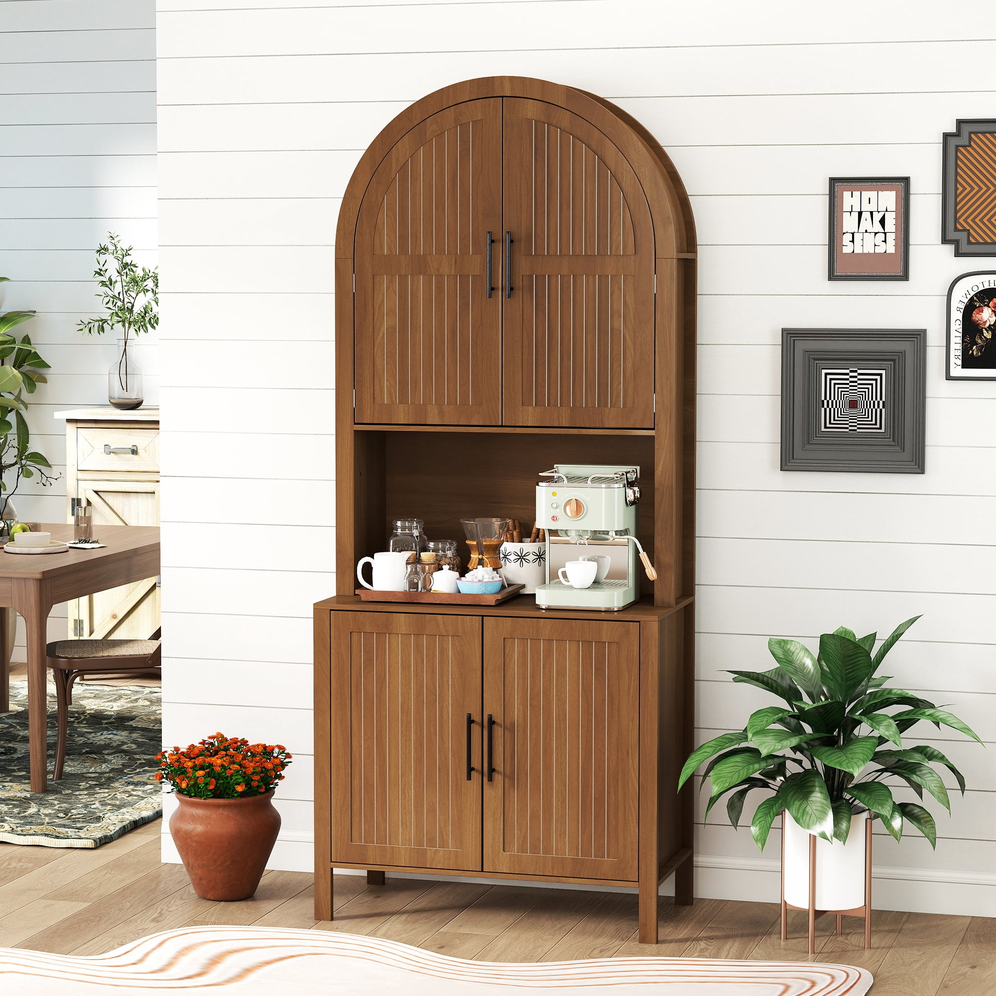 Oubayajia 75.8" Tall Arched Kitchen Pantry Storage Cabinets with Fluted Doors and Adjustable Shelves, Freestanding Cupboard for Kitchen, Dining Room and Living Room, Walnut