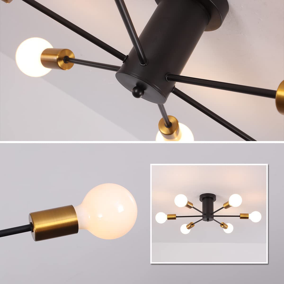 Garwarm Mid Century Sputnik Chandelier, Modern Ceiling Light Fixture Industrial Semi Flush Mount Pendant Lighting for Kitchen Dining Room Bedroom Living Room Foyer (6-Lights, E26 Base)