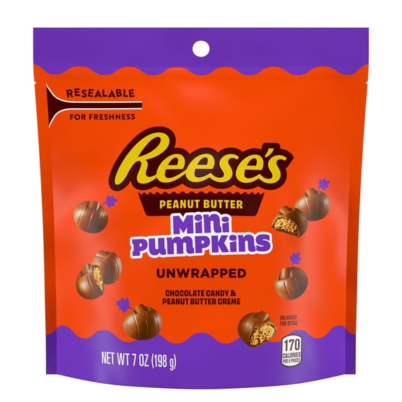Reese's Unwrapped Chocolate Peanut Butter Creme Mini Pumpkins, Halloween Candy Bag, 7 oz