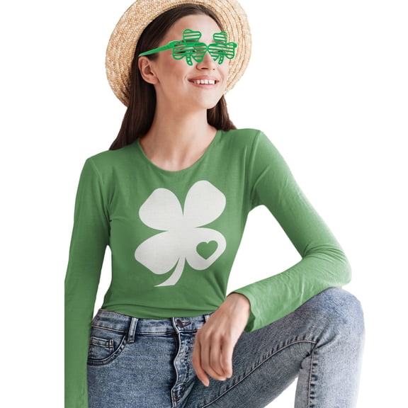 St. Patricks Day Shamrock Heart Green Ladies Long Sleeve T-Shirt and Shamrock Glasses Combo