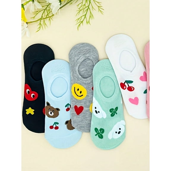 6 Pairs Summer Women's Cute Cartoon Invisible Boat Socks, Comfortable And Breathable, No Show, Anti-Slip Ankle Socks