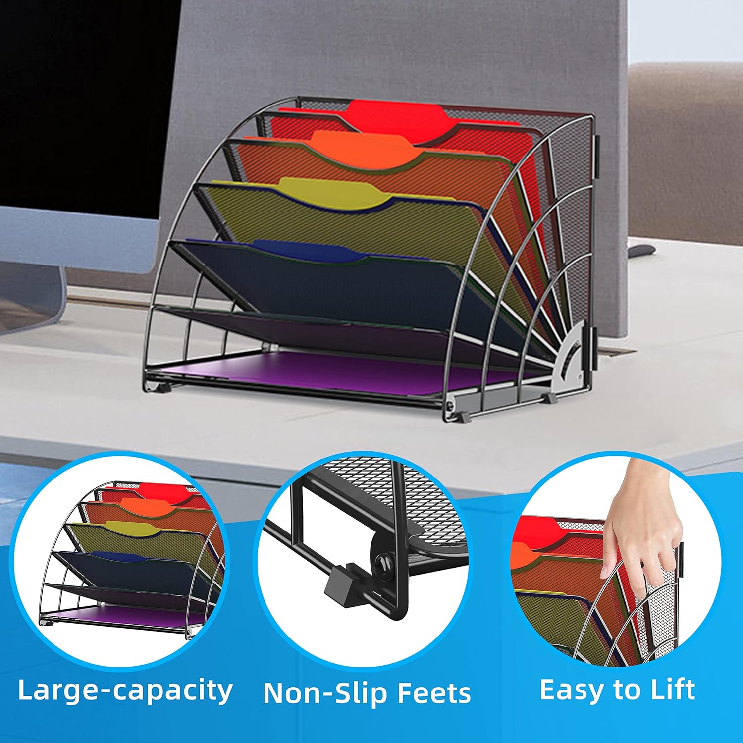 INTIGE 6 Compartment Desktop Organizer, Metal Fan Shaped Desk Organizer, Black, 1 Piece