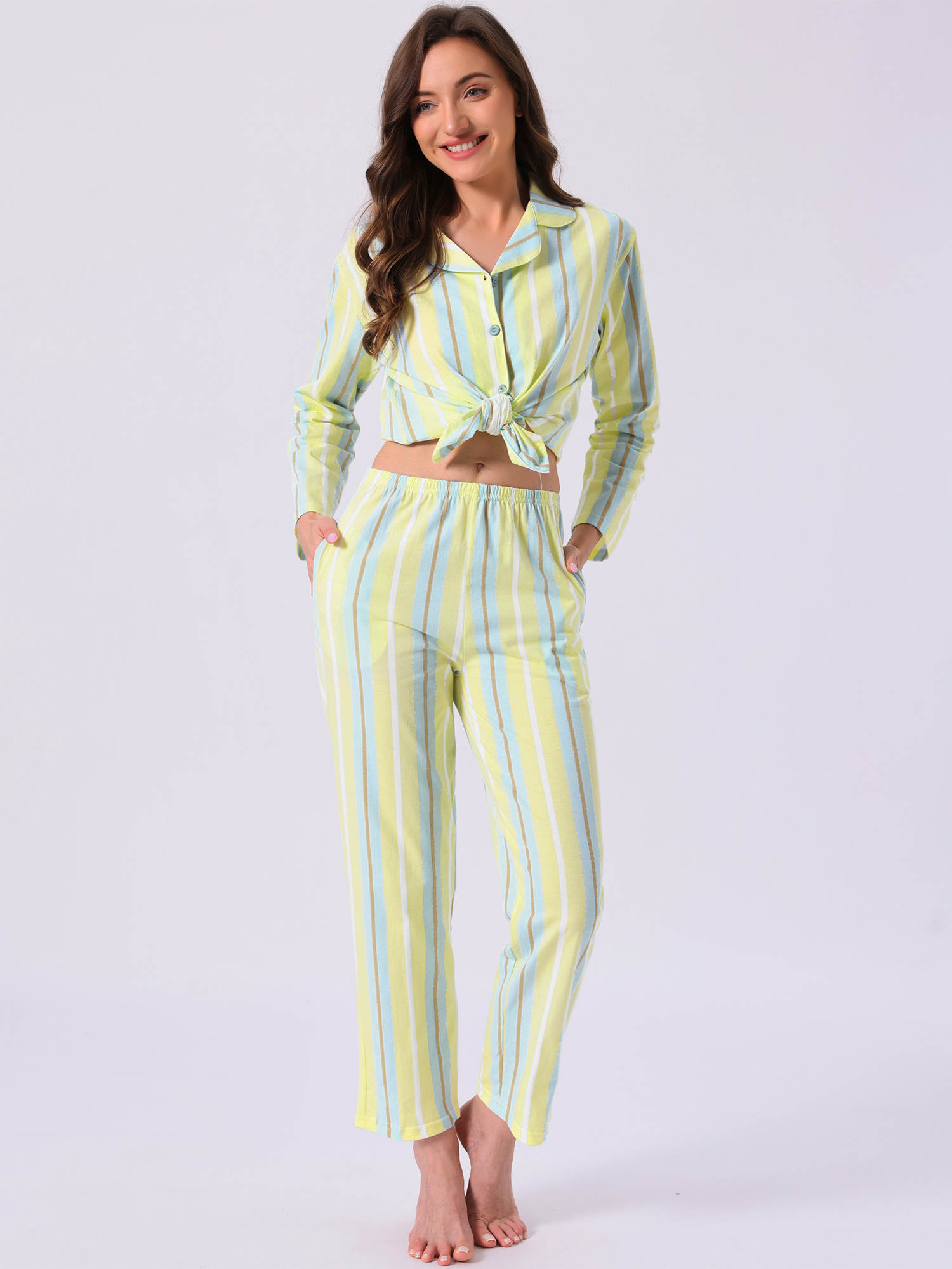 DARING DIVA Cotton Pajamas Button Down Pants Loungewear Set XS Yellow Stripe