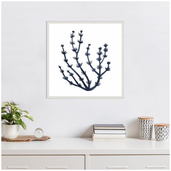 Kate and Laurel Coastal Coral Seaweed Botanical 6 Framed Canvas Wall Art  by The Creative Bunch Studio 22 x 22 Sylvie Beaded White, Modern Contemporary, Abstract, Beach, Nature Art for Wall Decor