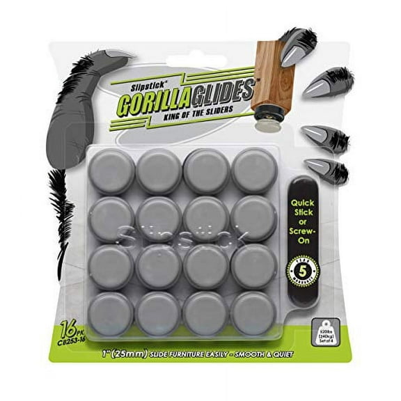 GorillaGlides 1 Inch Chair Sliders/Floor Protectors (Set of 16 Glides) Screw-On or Self-Adhesive, for Sliding on Carpet & Hard Surface Floors, Round, CB253-16