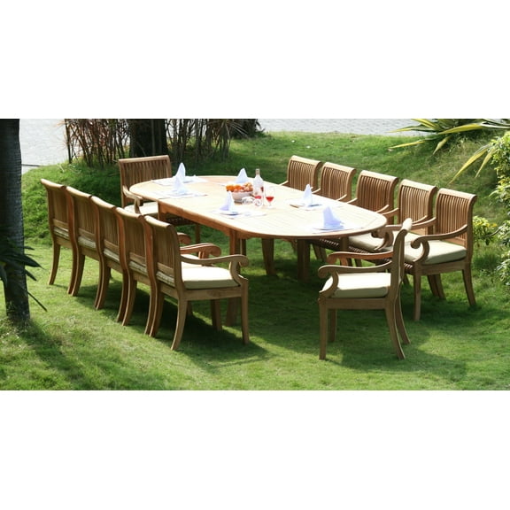 Teak Dining Set:12 Seater 13 Pc - 117" Double Extension Oval Table 12 Giva Arm / Captain Chairs Outdoor Patio Grade-A Teak Wood WholesaleTeak #WMDSGV10
