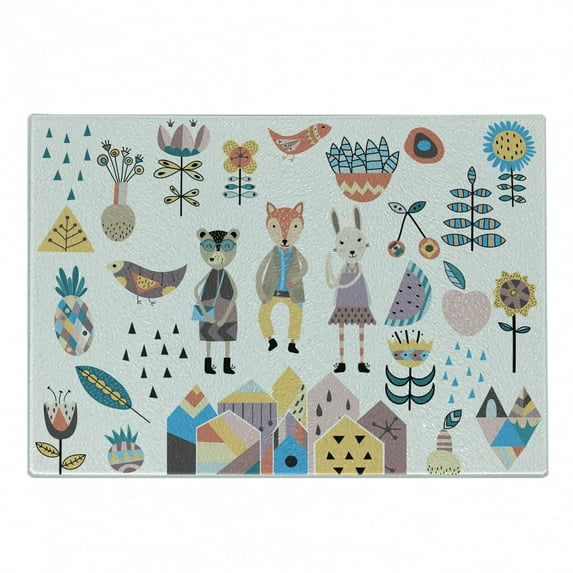 Cartoon Cutting Board, Hand Drawn Fox Bunny and Bear with Human Clothing Scandinavian Style Cartoon Motifs, Decorative Tempered Glass Cutting and Serving Board, Small Size, Multicolor, by Ambesonne