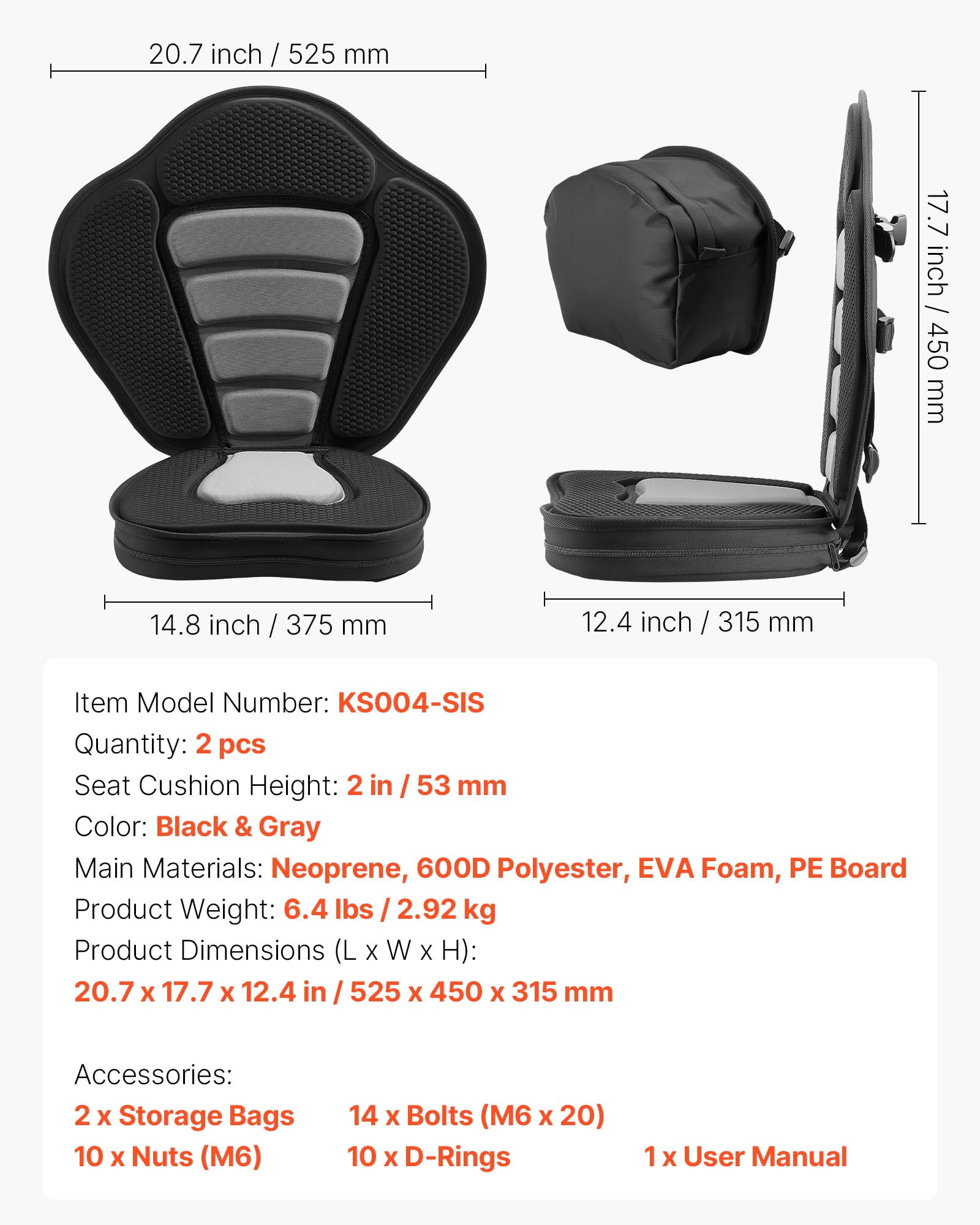 VEVOR Kayak Seat, 2 Pack 2" Thick, Universal Paddle Board Seat with Back Support, Sit-on-Top Soft Padded Cushion with Storage Bag & Adjustable Straps for SUP, Canoe, Fishing Boat, Inflatable Kayak