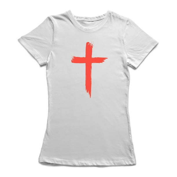 Graphique de Style de Peinture Croix Rouge Jésus au T-shirt Blanc pour Femmes devant Moyen