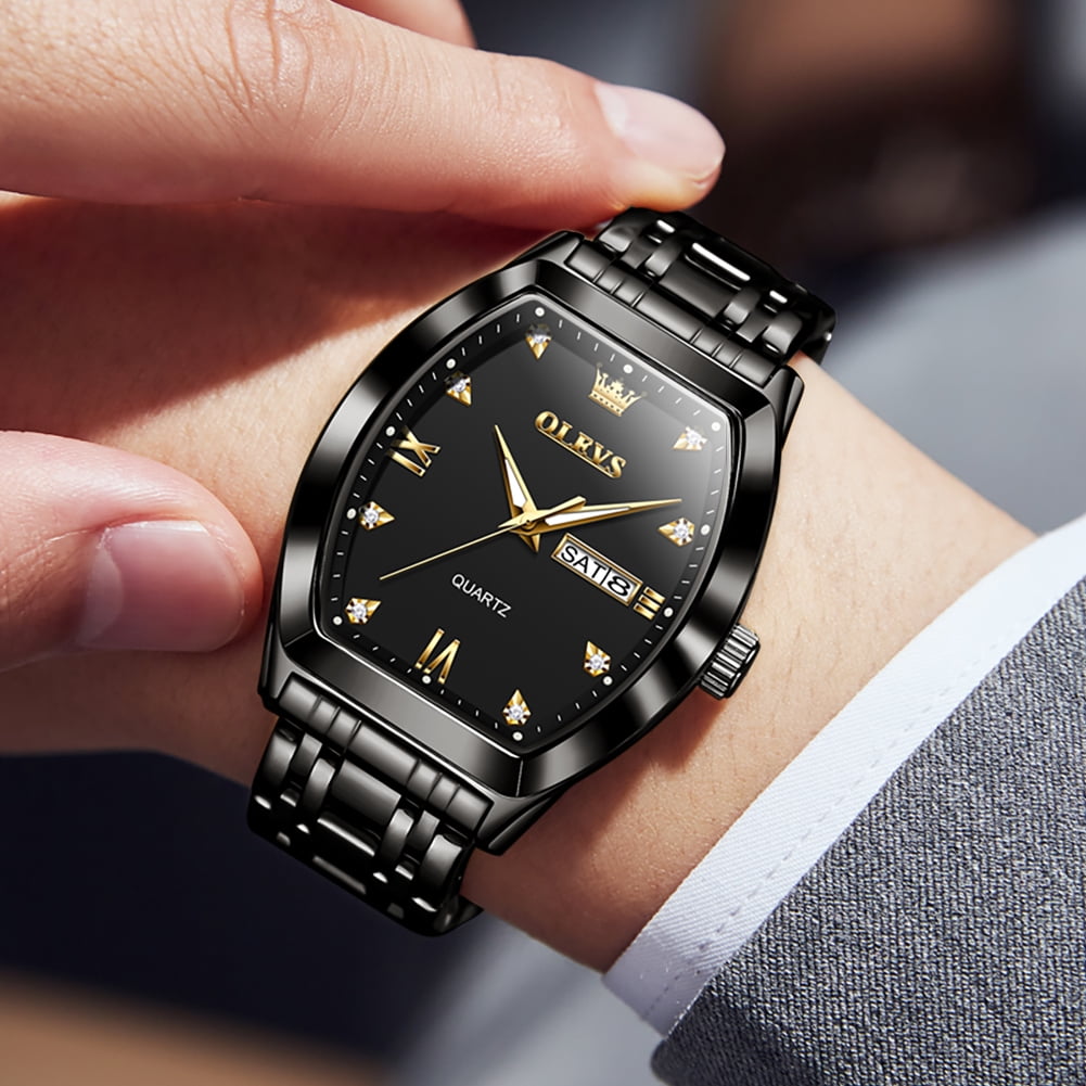 OLEVS Mens Watches Square Business Dress Diamond Analog Quartz Date Luxury Watches for Men Dress Casual Stainless Steel Waterproof Luminous Mens Wrist Watches Gifts Reloj para Hombre Gold/Black Dial
