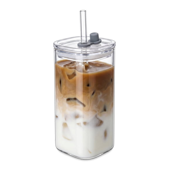 Borosilicate Glass Water Bottle, Glass Cup with Lid and Straw,5.27 in Tall, Heat-Resistant & Leak-Proof Lid, for Home, Office, or Outdoor Hydration