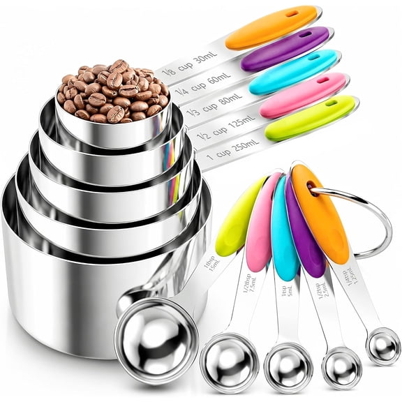 Stainless Steel Measuring Cups and Spoons Set, 10-Piece | Nesting 5 Measuring Cups and 5 Spoons with Colorful Silicone Handles, Kitchen Gadgets for Cooking Baking, Dishwasher Safe