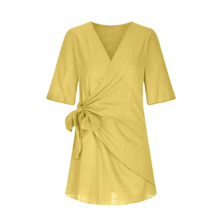 Fartey Women's Cotton Linen Wrap Dresses Elegant Short Sleeve V Neck Mini  dress Solid Color Summer Beach Vacation Cocktail Dress Yellow M -  Walmart.com