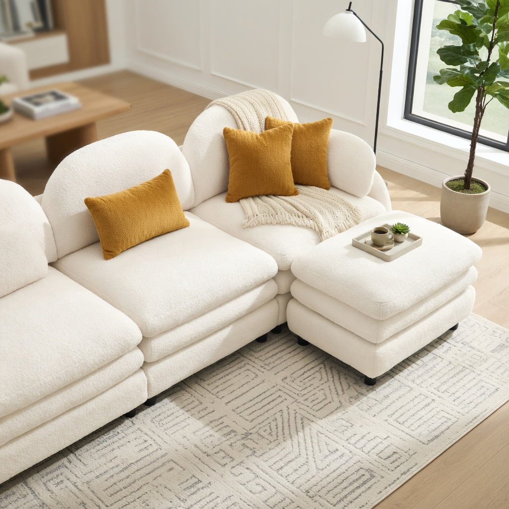 Hommoo Teddy Fleece 3-Seat Modular Sectional Sofa with Curved Backrest, Double-Layer Cloud Cushions & 2 Movable Ottomans, Beige
