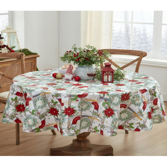 Merry Christmas Stocking Holiday Wreath 60 x 84 inch Oval Vinyl Flannel Backed Dining Tablecloth