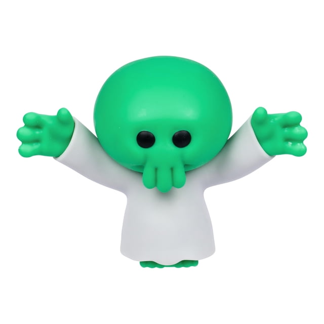 figura de acción minions illumination monsters goo jit zu goomi, vista frontal centrada de Goomi con cabeza redonda verde, cuerpo blanco y brazos extendidos, ojos negros circulares y tentáculos cortos; figura suave y aplastable con relleno pegajoso que se estira hasta 3 veces su tamaño, a menudo usada como pieza de colección.