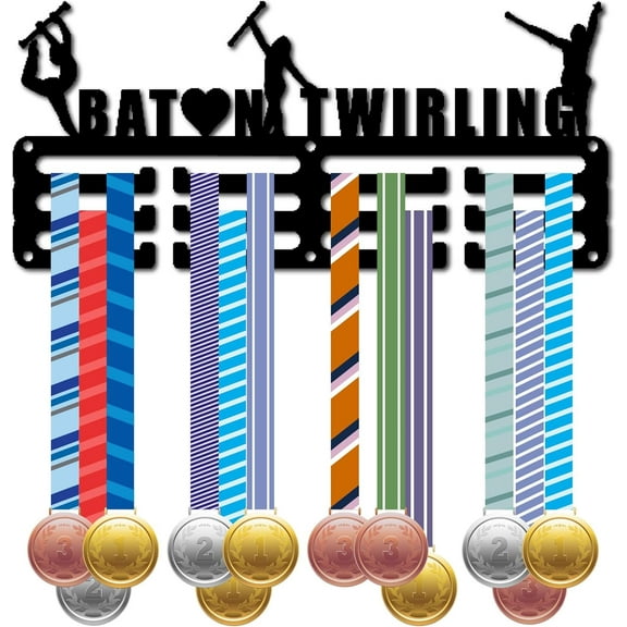 Baton Twirling Medal Hanger Medal Holder Wall Mounted Frame Shelf Sports Gymnastics Medals Organizer Hooks Rack Gift 11.4x5.1 Inch Black