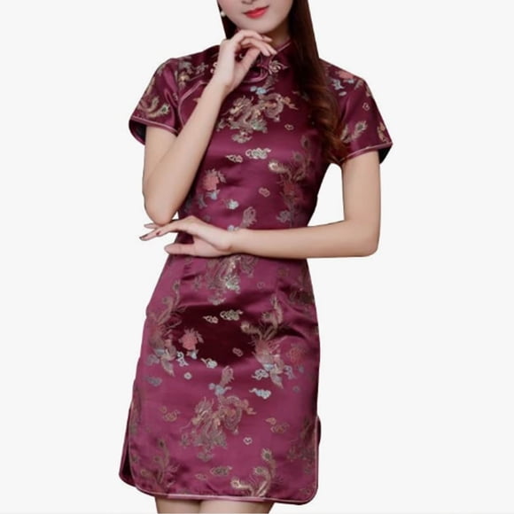 Ladies Vintage Etiquette Welcome Dress Of China Style Short Sleeved Short Cheongsam Cosplay Wine S