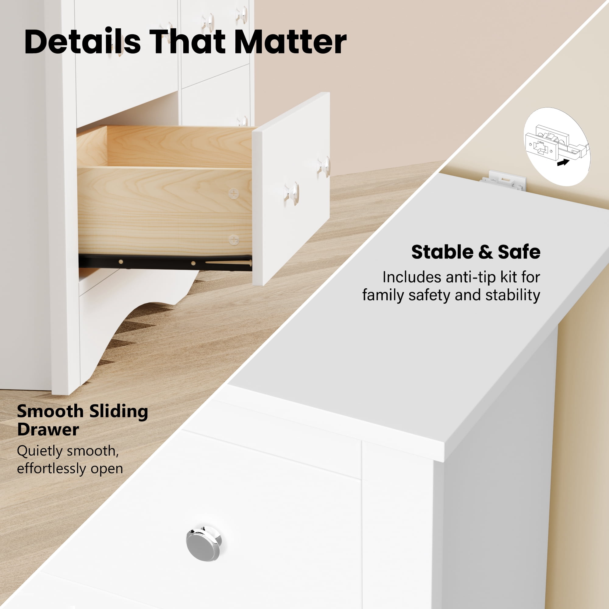 Homall 6 Drawer Dresser for Bedroom, Wood Double Chest of Drawers with Metal Handles, Wide Storage Cabinet Organizer for Living Room, White