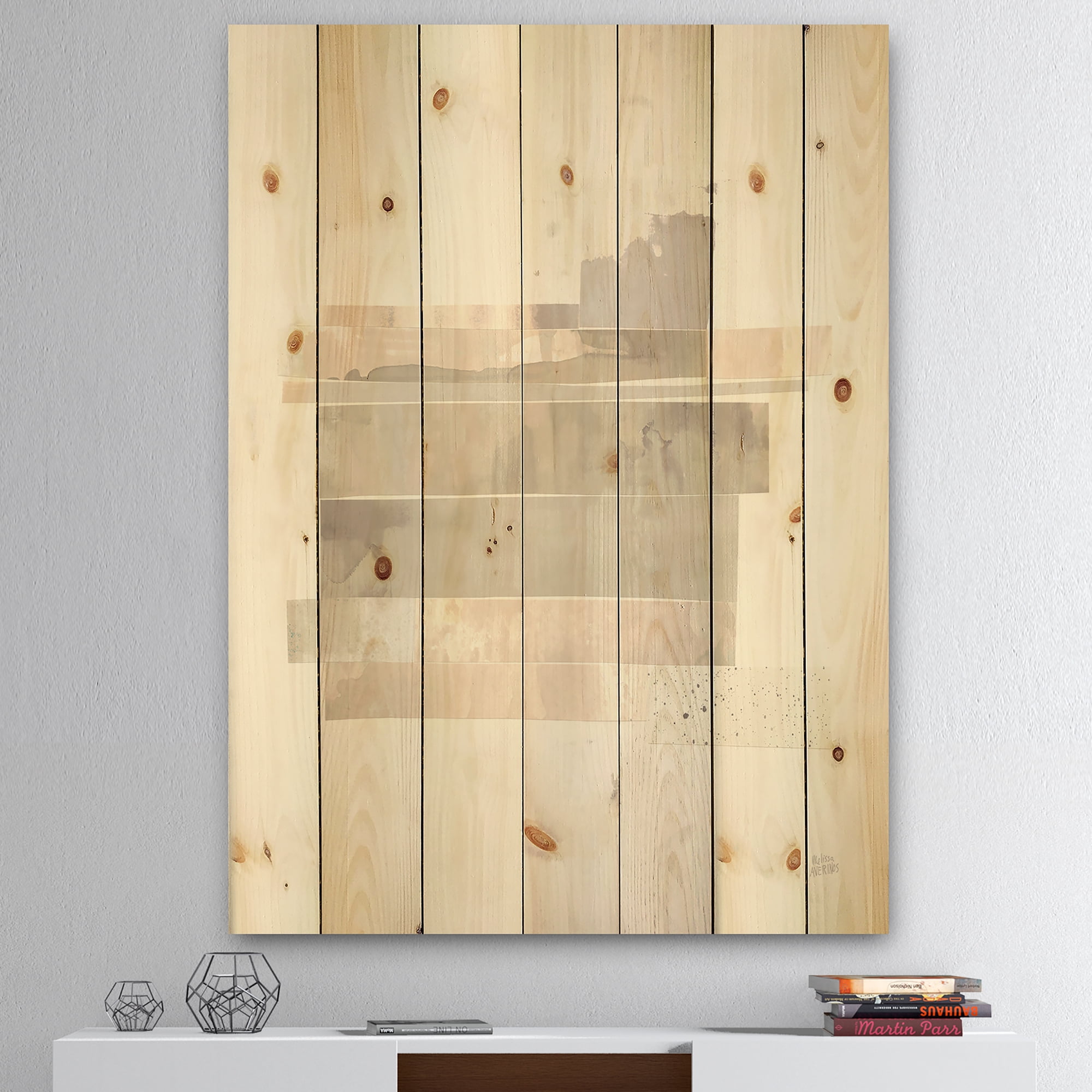 Designart 'Geometric Neutral Form II' Shabby Chic Print on Natural Pine Wood