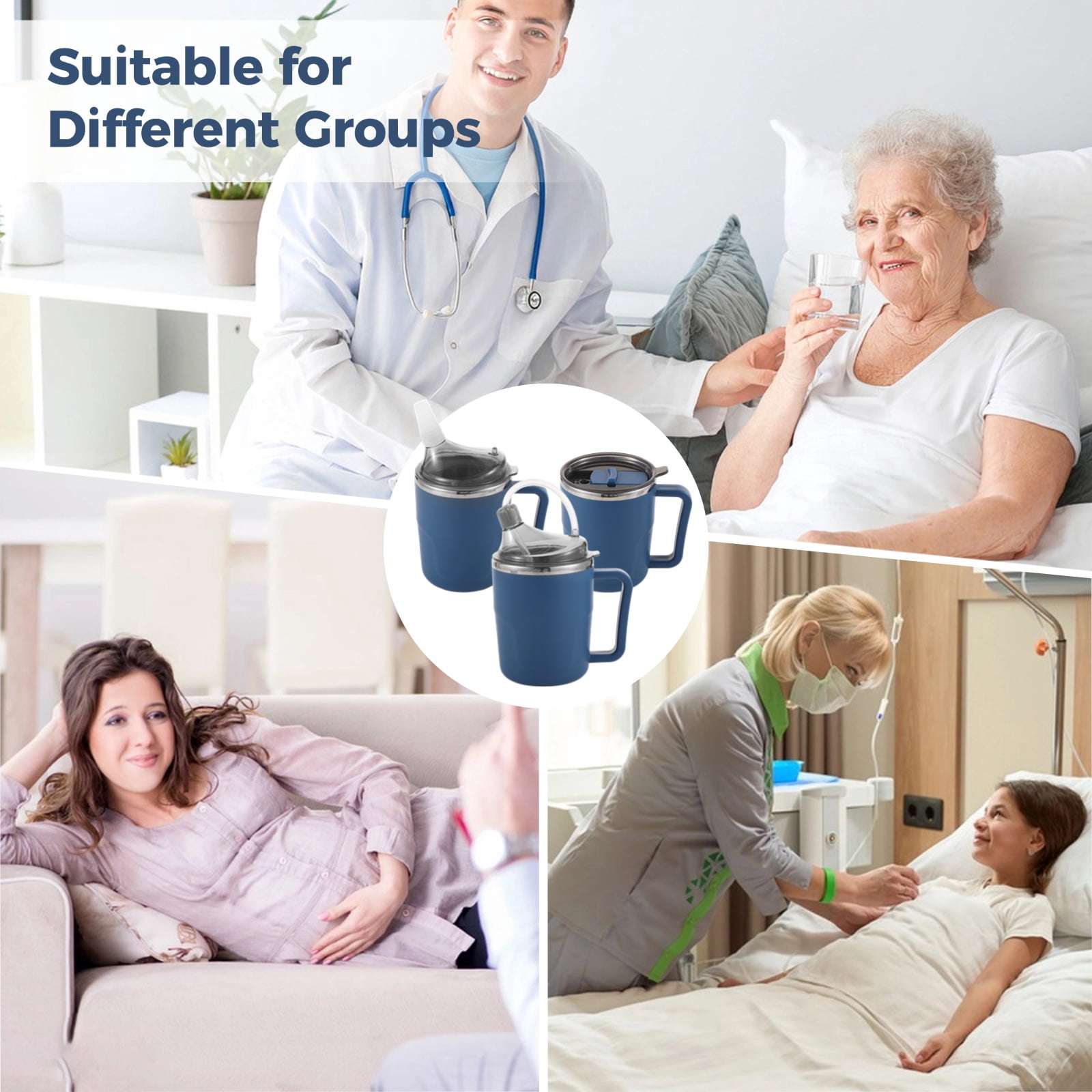 Spill-Proof Cup for Elderly, 13.5 oz Adult Sippy Cup, Non-Spill Feeding Cup with Straws & Brushes, Leakproof Porridge Mug, 3-in-1 Care Mug for Bedridden Patients