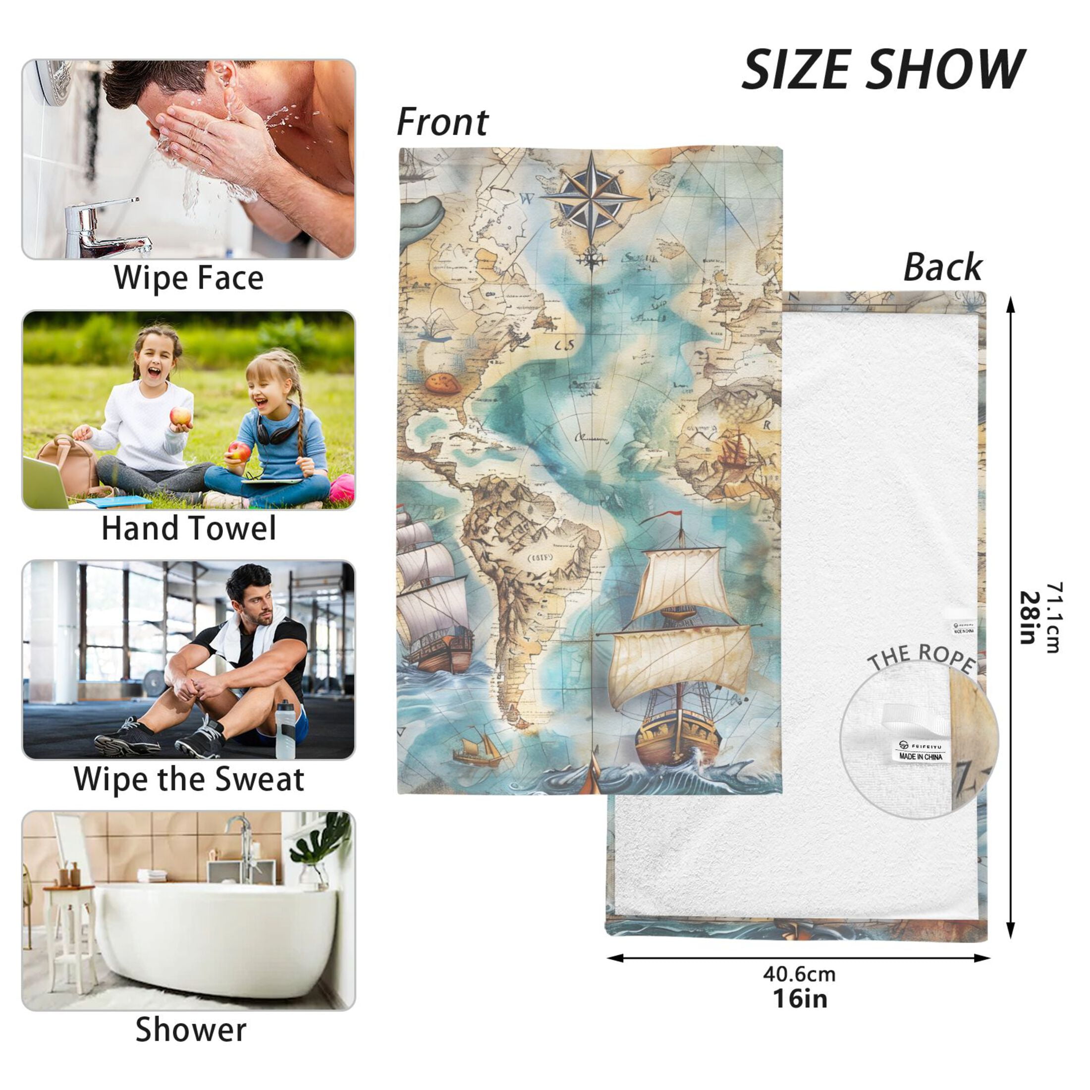 Sailing Ship and Nautical Chart 2 Pcs Hand Towel Set Cotton Absorbent Soft Face Towels Bath Towels for Bathroom Kitchen Shower Hotel Decor 16"x28"