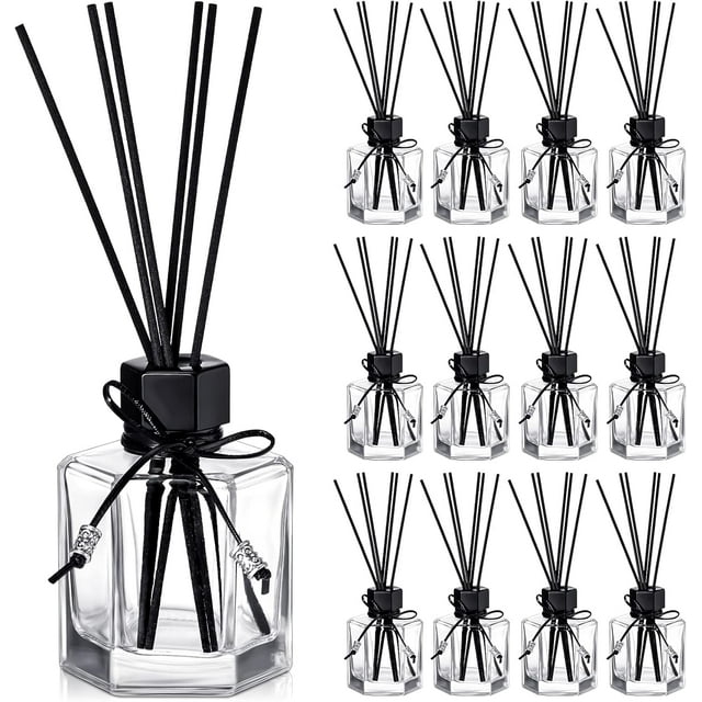Huquary 12 Set 120ml 4.06 Ounce Reed Diffuser Bottle Empty Glass Diffuser Bottles Jars with Caps and Black Rattan Stick Set Fragrance Accessories for DIY Replacement Rattan Aromatherapy (Black)