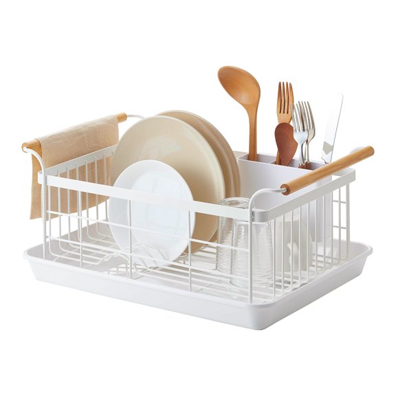 Yamazaki Home Dish Rack, Gray, Steel Wood, Supports 22 pounds, Drainer Tray, Handles, Utensil Holder, Water Resistant, No Assembly