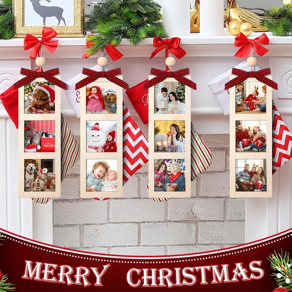 10Pcs Wooden Christmas Photo Ornaments Crafts to Paint for Christmas Tree Decorations, DIY Picture Frame Hanging Ornament with Twine and Wooden Bead for Holiday Party Home Decor