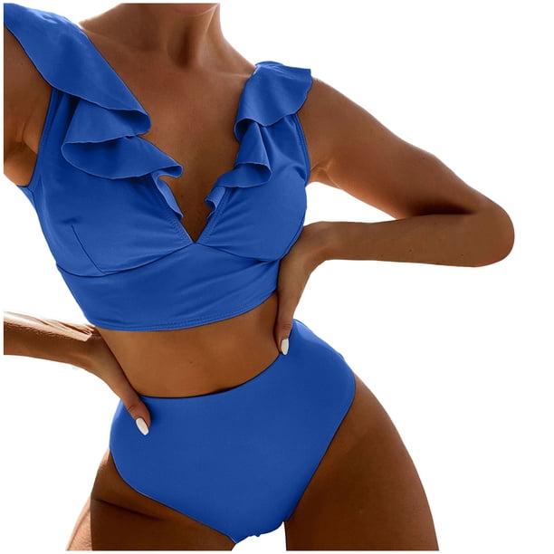 MKLEKYY Trajes De Baño Hombre Natacion New Multicolor Ruffled V Neck Split Swimsuit High Waist Split Bikini Women'S