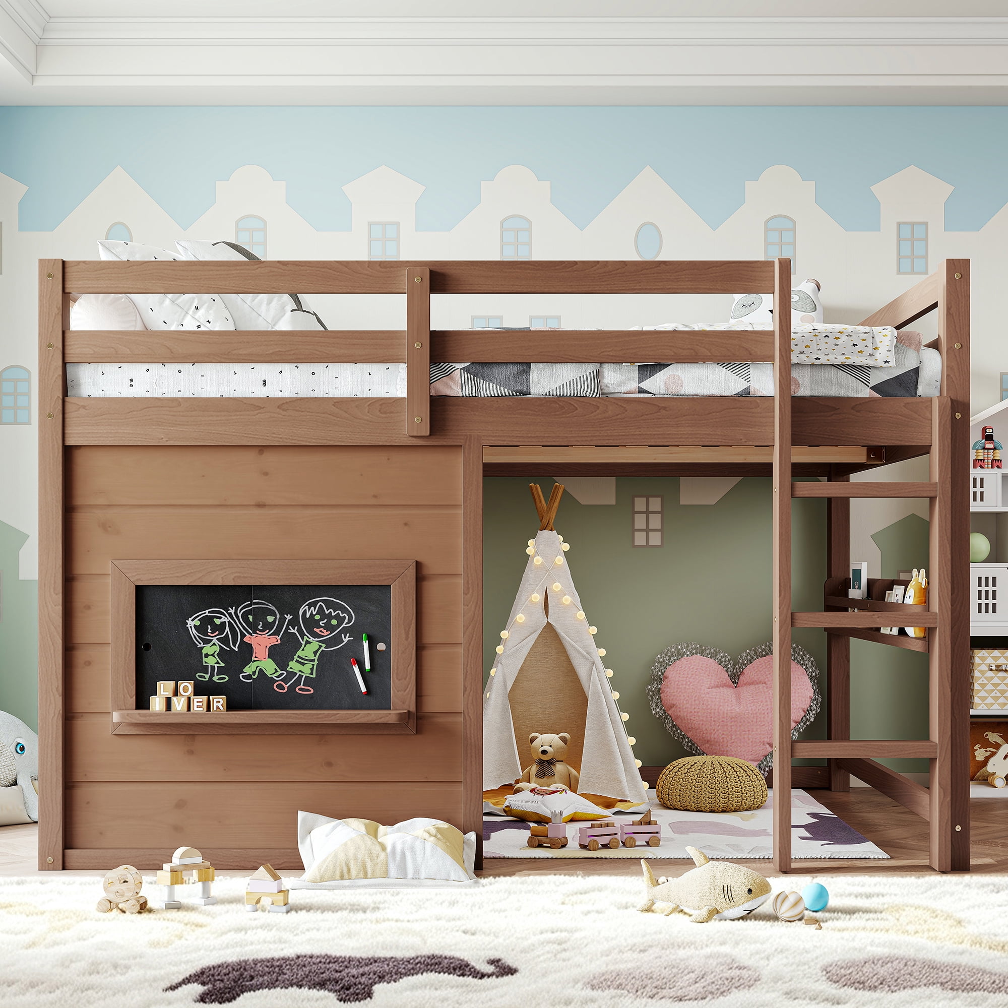 Leumius Full Size Loft Bed with Storage Shelves,Solid Wood Low Loft Bed Frame with Chalkboard and Bookshelf,Space Saving,Natural