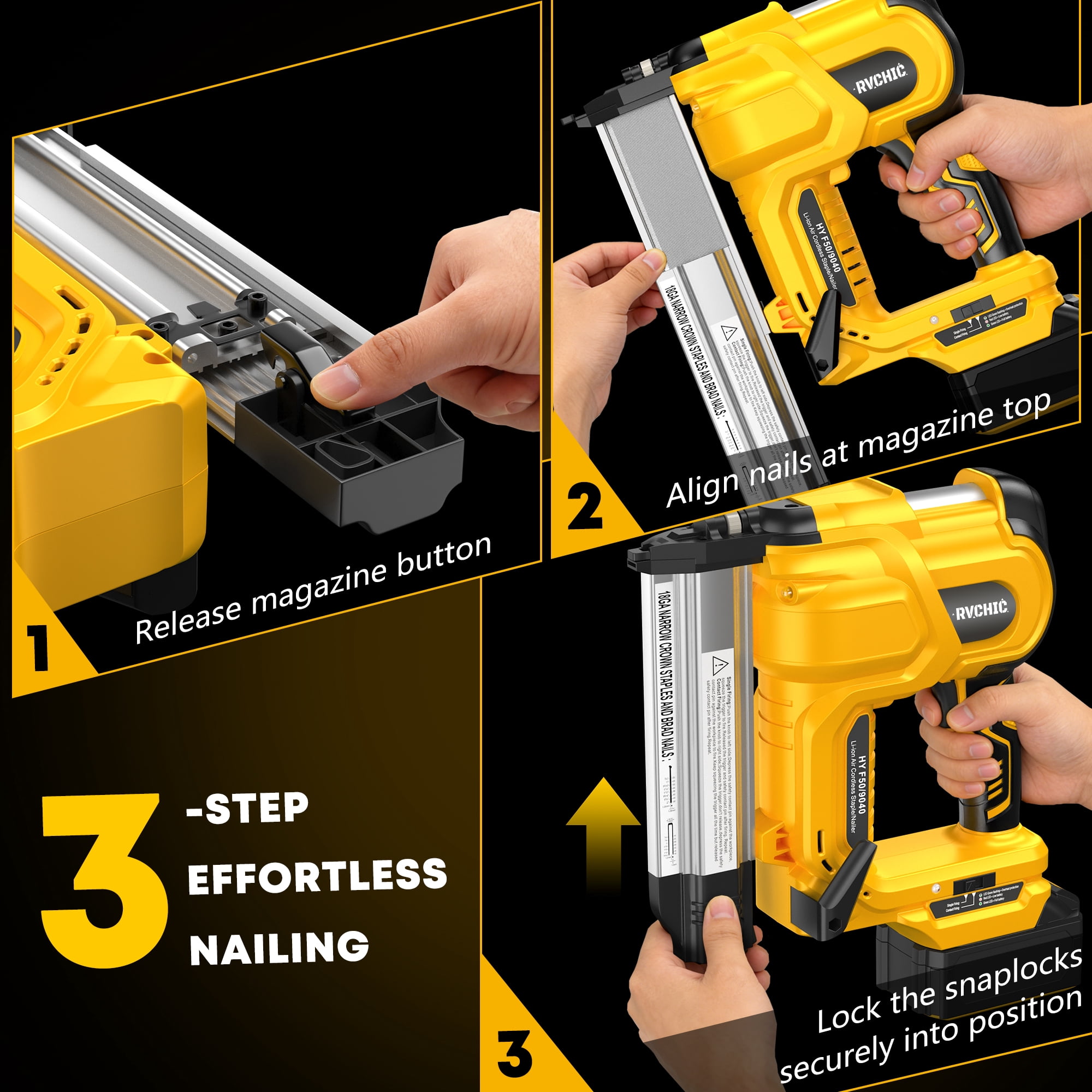 Rvchic 18GA Cordless Brad Nailer, 2-in-1 Electric Combo Kit with 2 Batteries, 1000 Nails/Staples for Upholstery, Carpentry, and Woodworking,Yellow