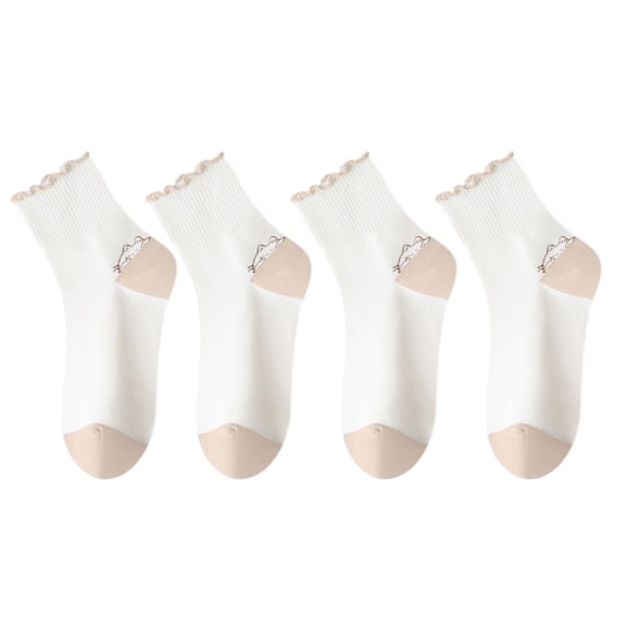 4 Pairs Mid-Crew Ruffle Trim Socks with Contrast Toe Heel and Cat Embroidery Design, 4 PK-Khaki