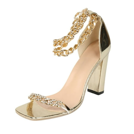 

Zanvin Womens Sandals Clearance Women s Shoes Metal Chain Diamond Shiny Block High Heel Pumps Ankle Strap Casual Square Toe Sandals Gold 43