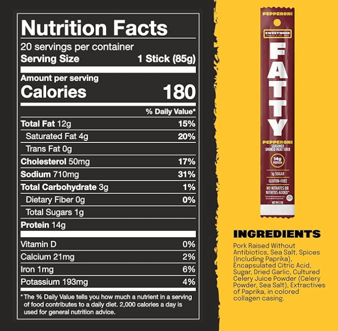 FATTY Smoked Pork Meat DMF15 Sticks Raised Without Antibiotics, Pepperoni Flavor, 21g Protein Per Stick, 2 oz. (Pack of 20)