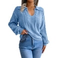 thumbnail image 1 of Suéter de punto para mujer, cuello de solapa, mangas largas de linterna, jersey de punto informal, Top para otoño, 1 of 6
