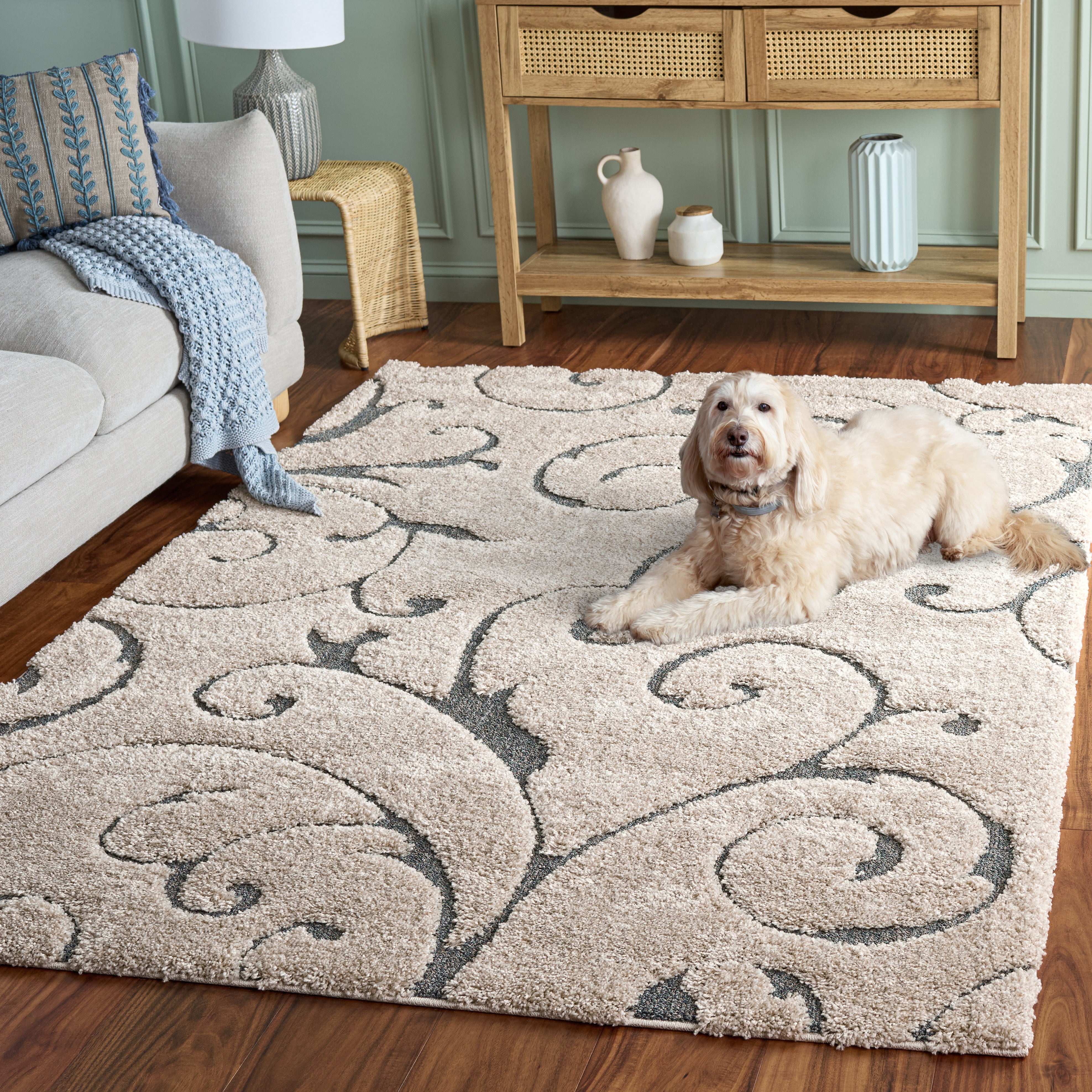 Safavieh Florida Doug Floral Vines Geometric Shag Area Rug, Beige/Blue Gray, 6' x 8'