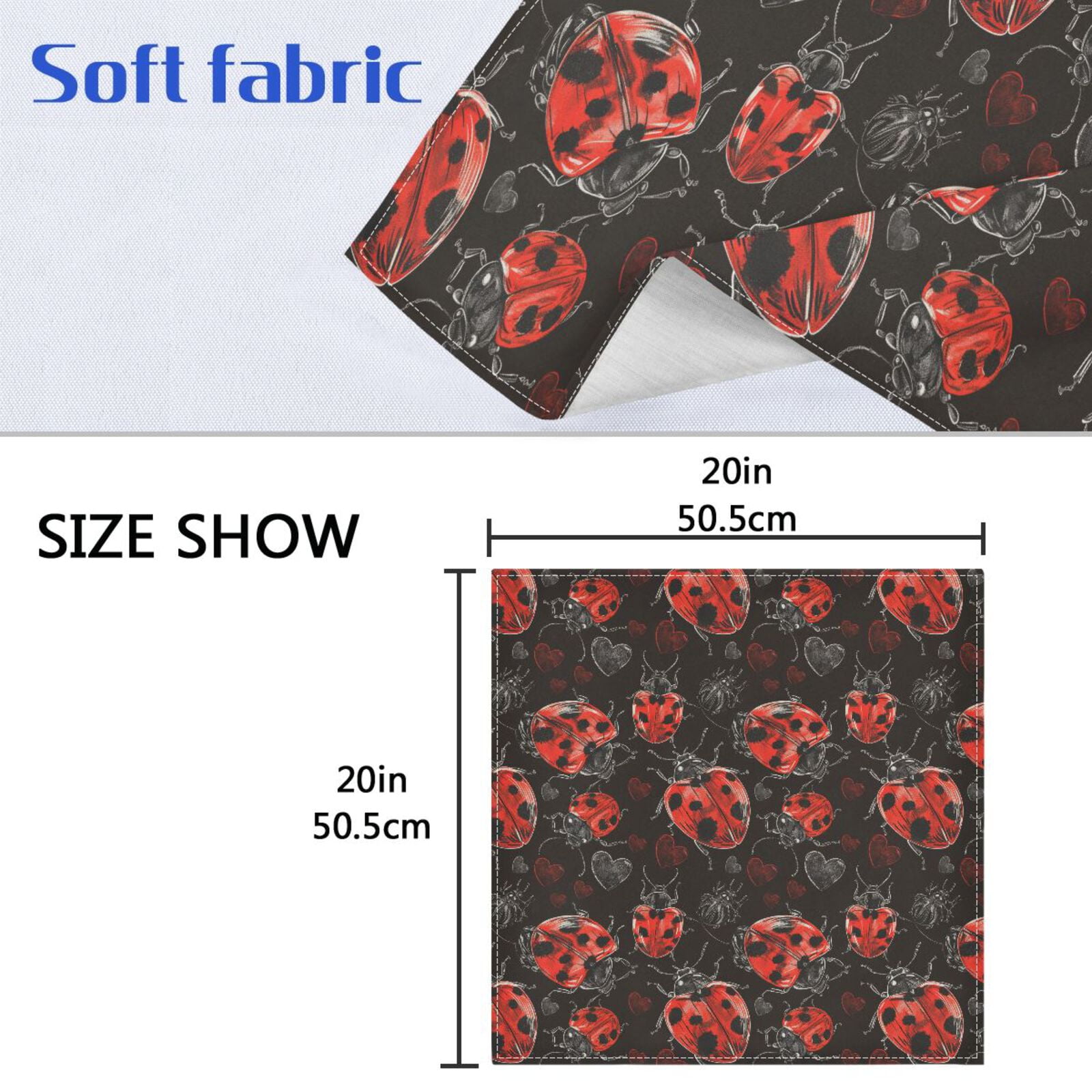 JSTEL Lady Bug Hearts Cloth Napkins Set of 6, 20x20 Inch Washable and Reusable Napkin for Decoupage Dinner Party Everyday Use