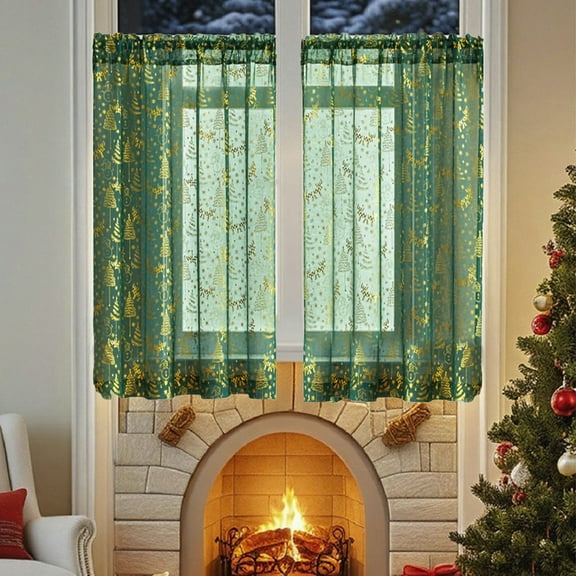 25x36.69" Christmas Window Curtain - Green Embroidered Holiday Shower Curtain with Snowflake Design for Coffee Shop & Home Decor