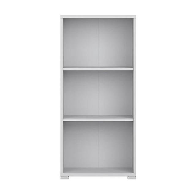 librero alterego office lux 2 repisas blanco, estantería vertical blanca lista para armar con tres huecos y dos repisas internas, panel trasero dividido y patas cortas; ideal para organizar libros y decoración, y a menudo usado como estante auxiliar en oficina o recámara.