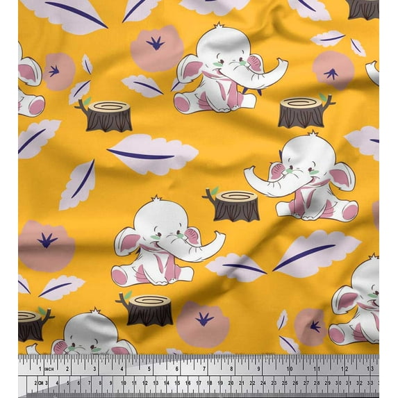 Soimoi Georgette Viscose Fabric Leaves,Tree Stump & Baby Elephant Kids Fabric Prints by Yard 42 Inch Wide