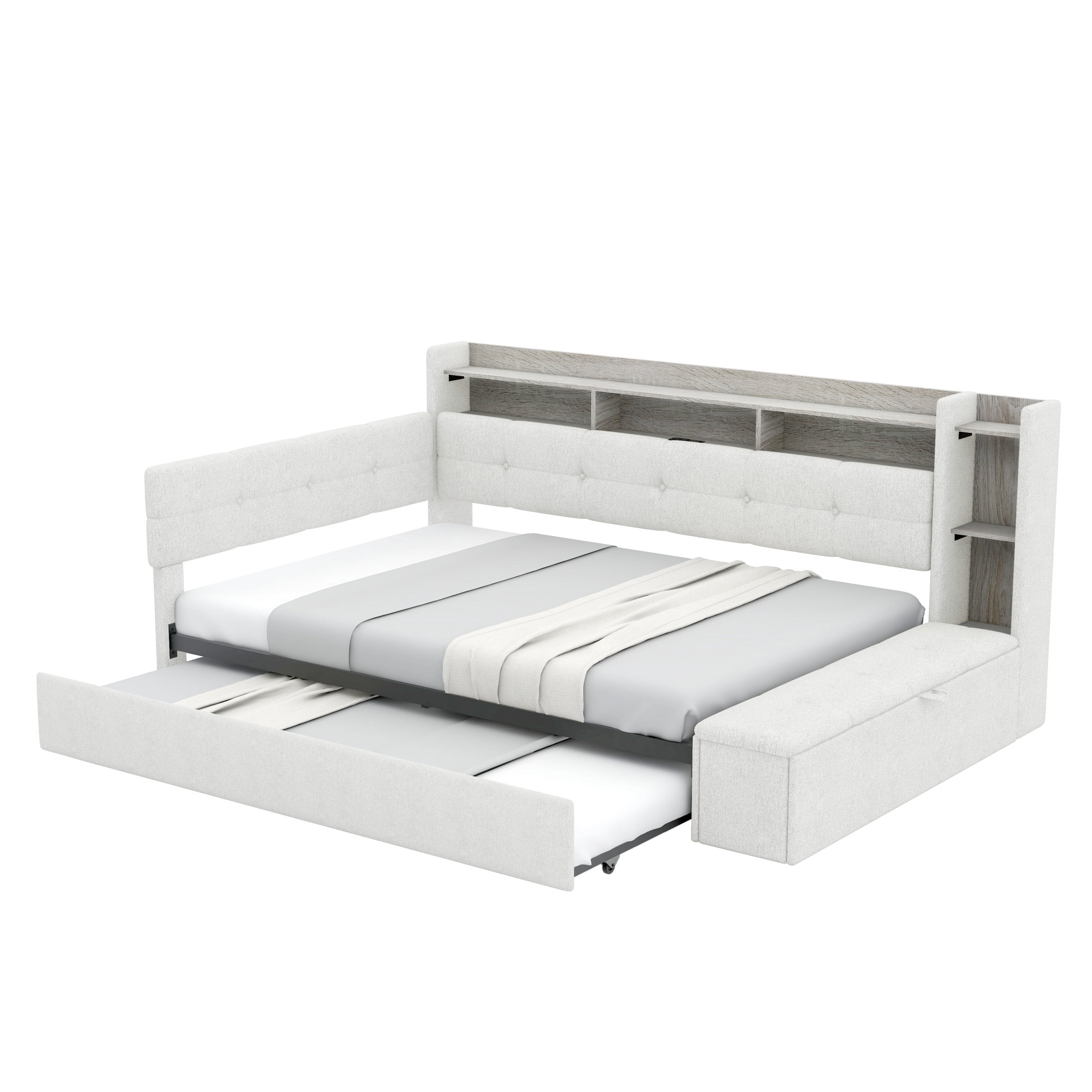 Noble House Brevon Full Size Upholstered Daybed with Trundle, Built-in USB Charging Station and LED Light, Beige