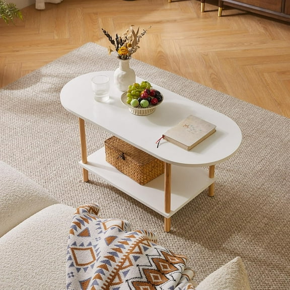 Oval Coffee Table White, Small Wooden Coffee Table for Small Space, Tea Table Stand 35 * 16 * 17 inches, 2 Tier Center Table for Living Room White YD-012W